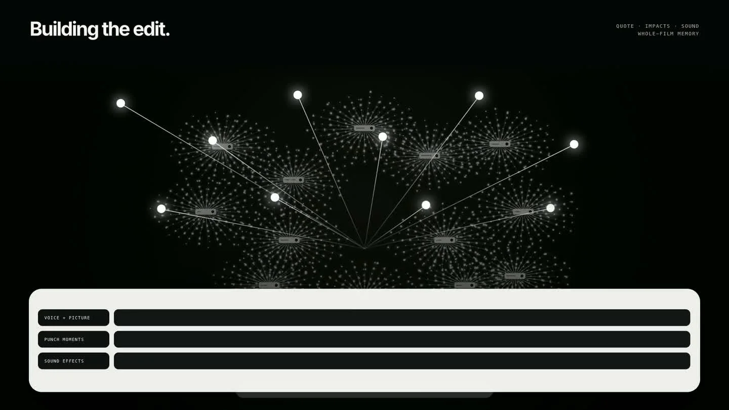 VibeEdit assembling selected moments into a multi-track video timeline