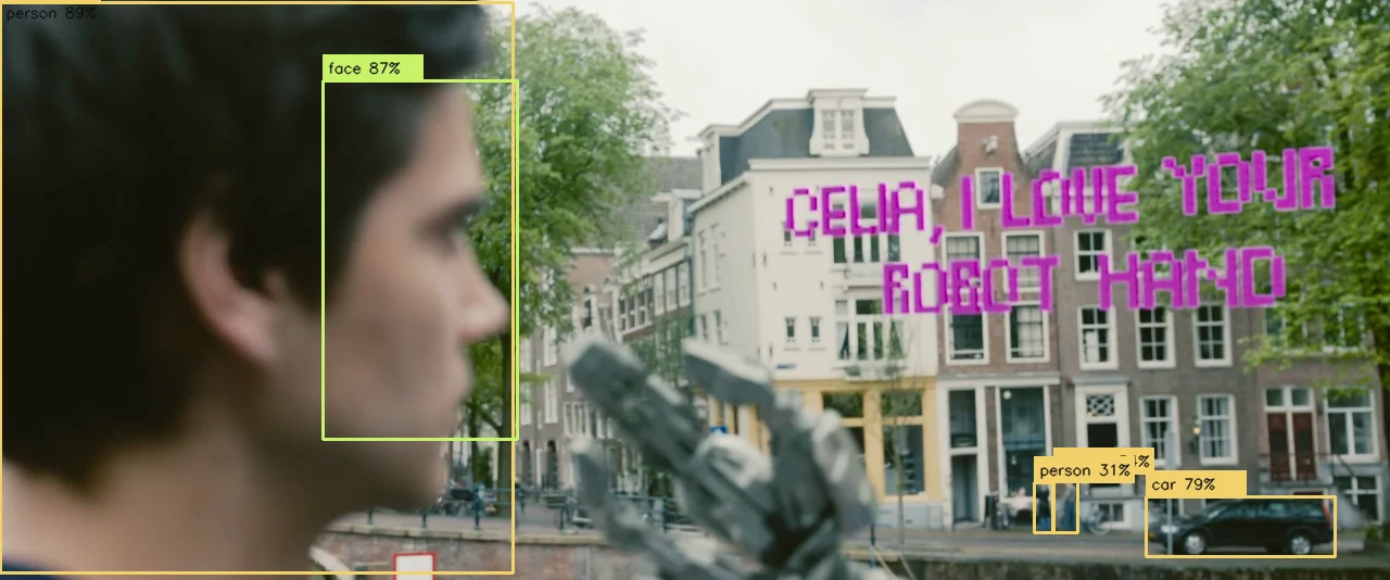 A control-room frame annotated with local person and face detections